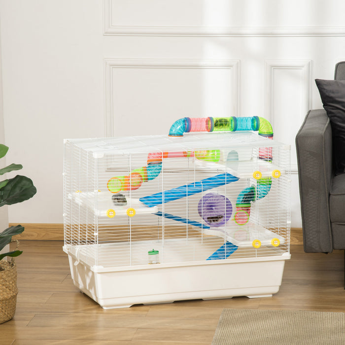 Pawhut 31\" Large Hamster Cage, Small Animal House, Multi-storey Gerbil Haven, Tunnel Tube System, With Water Bottle, Exercise Wheel, Food Dish, Ramps, White