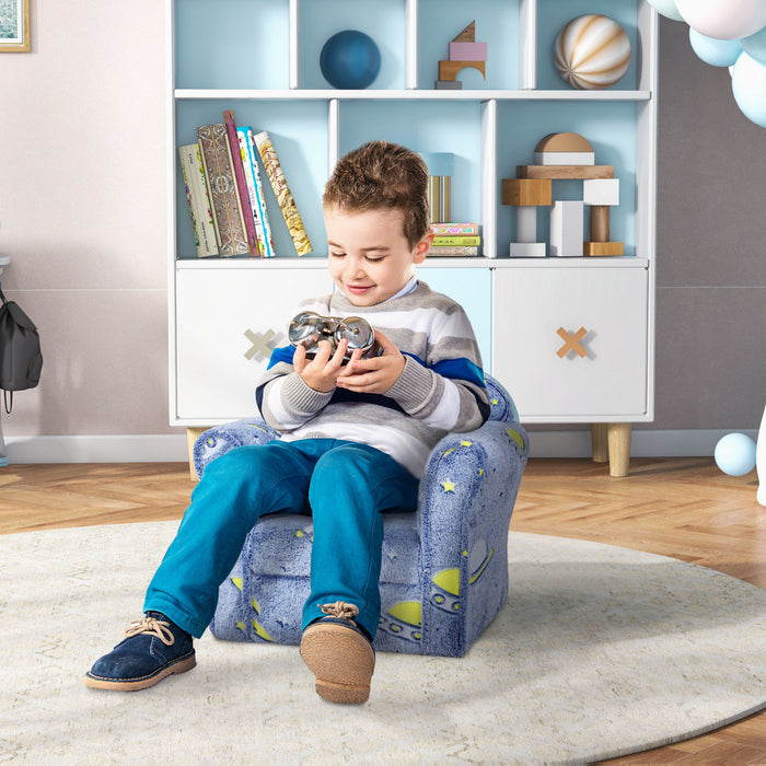 Qaba Toddler Chair, Kids Chair With Luminous Universe Design, Wooden Frame, Kids Sofa For 18-36 Months, Blue