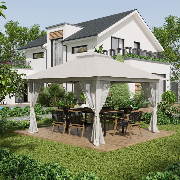 Outsunny 13' X 13' Pop Up Canopy With Mesh Sidewalls, Easy Up Canopy Tent Shelter With 2-tier Roof, Wheeled Carry Bag, Water/sand Bag For Garden, Backyard, Patio, Lawn, Cream
