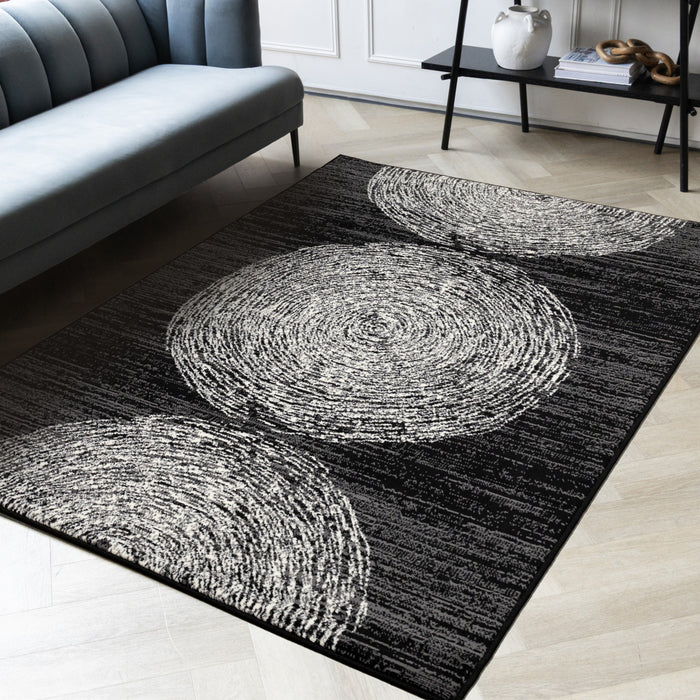 Florence Black Grey White Tree Ring Design Rug, 7'9\" x 10'6\" Indoor Area Rug
