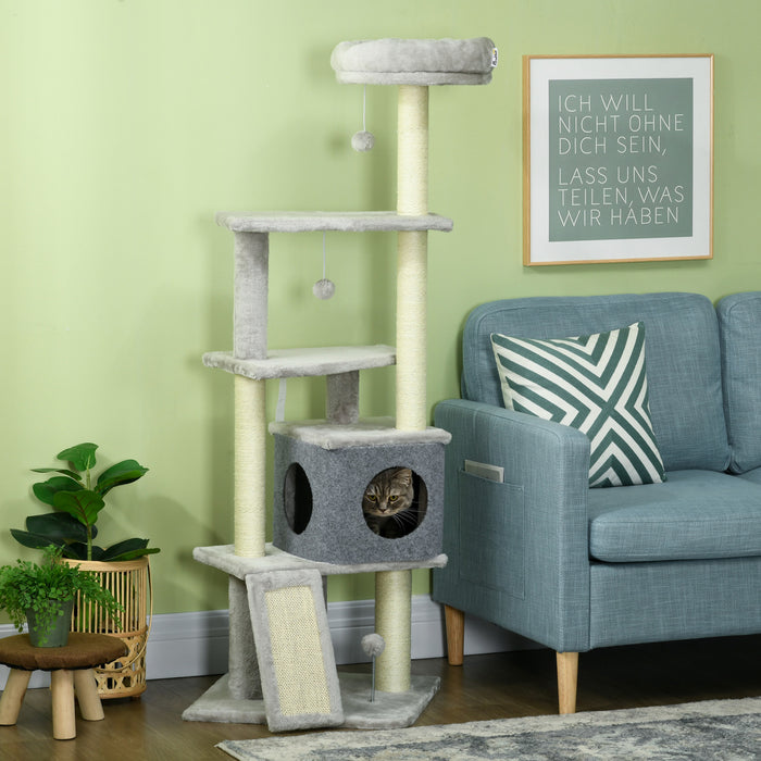 Pawhut 57.5\" Cat Tree With Scratching Posts, Cat Tower With Cat Condo, Bed, Perches, Toys, Ramp, Cat Tree For Large Cats Adult Indoor, Grey