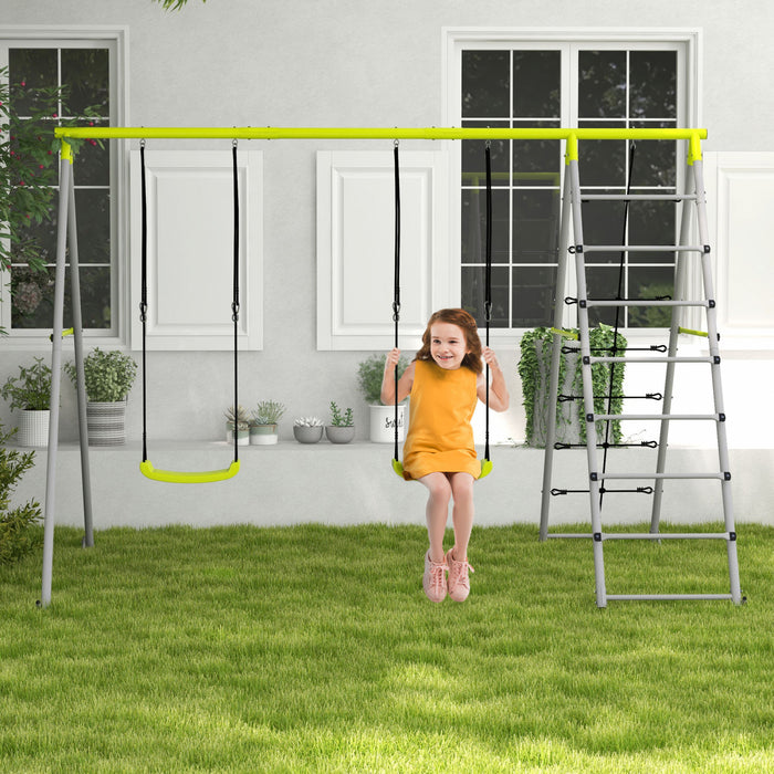 Outsunny 4 In 1 Metal Swing Set With Double Swings, Climber, Climbing Net, Heavy Duty Swing Set For Kids, Toddlers, Backyard, Outdoor, Playground, Green