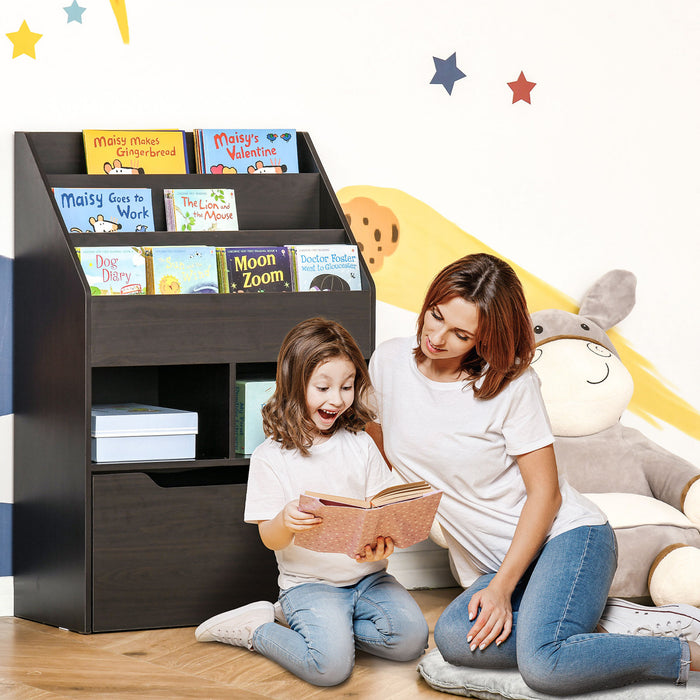 Homcom Kids Bookcase Multi-shelf Rack Organizer With Storage Drawer For Books For Reading Nook, Classroom, Bedroom, Playroom, Brown