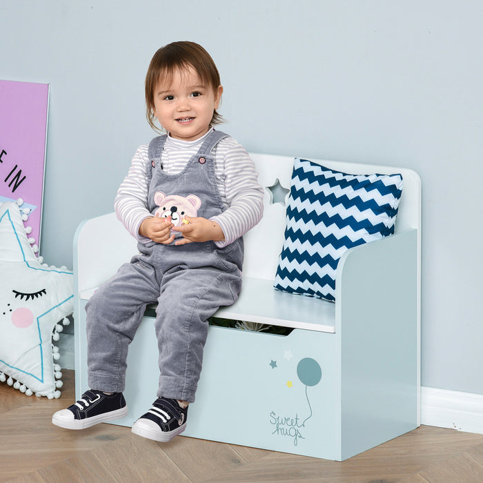 Qaba Kids Wooden Toy Storage Box Organizer Chest Chair 2 In 1 Design With Gas Stay Bar Seating Bench 23.5\" X 11.75\" X 19.75\" Light Blue