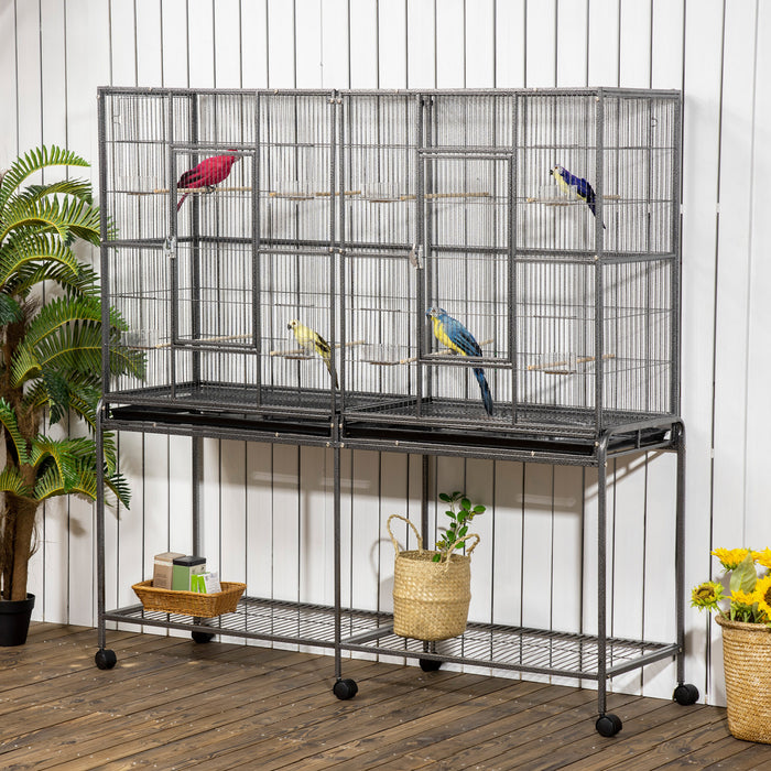 Pawhut 64\" Extra Large Bird Cage, Rolling Metal Parrot Cage, Bird House With Detachable Rolling Stand, Storage Shelf, Wood Perch, Food Container, 62.8\" X 18.9\" X 64.2\"