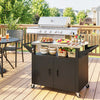 Outsunny Outdoor Grill Cart with Stainless Steel Tabletop for Kitchen Prep, 3-Shelf Pizza Oven Stand with Storage Cabinet, Movable BBQ Stand on Wheels, Black