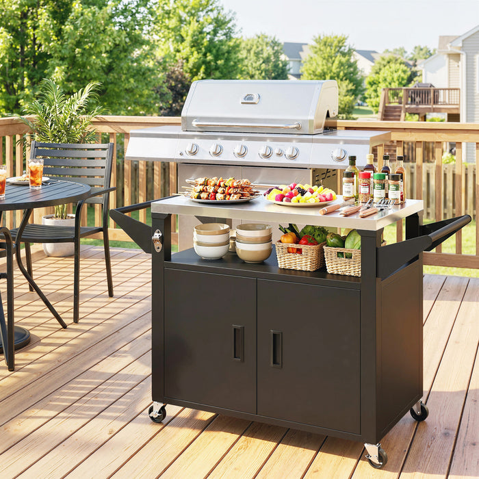 Outsunny Outdoor Grill Cart with Stainless Steel Tabletop for Kitchen Prep, 3-Shelf Pizza Oven Stand with Storage Cabinet, Movable BBQ Stand on Wheels, Black