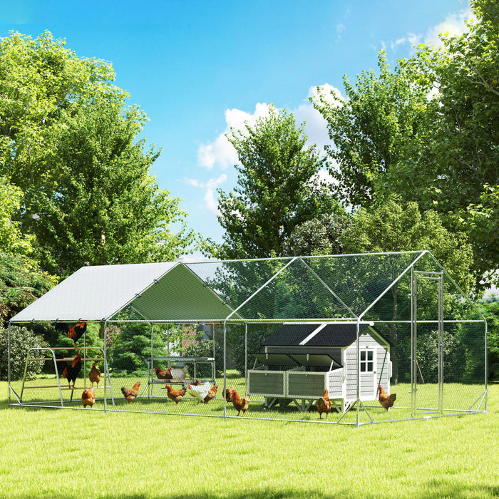 Pawhut Chicken Run, Large Metal Chicken Coop With Nesting Box, Waterproof & Uv-resistant Cover, Roosting Bars, Poultry Cage For Outdoor, Backyard, Farm, For 18-24 Poultry