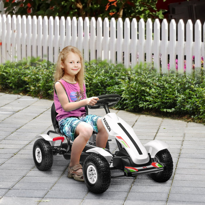 Aosom Pedal Go Kart For Kids, Pedal Powered Ride-On Car With Adjustable Bucket, Handbrake, 4 Rubber Wheels Powered Ride, Indoor Foot Racer, Aged 5-12 Years Old, White