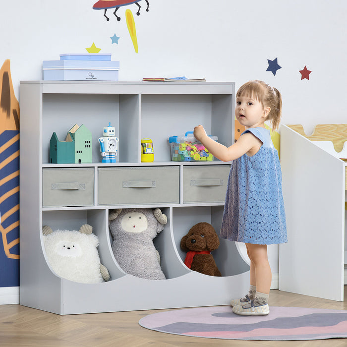 Homcom Kids Bookcase Toddler Toy Storage Organizer, Kid’s Bin Storage Unit Children Display Shelf Wardrobe For Toys Clothes Books Bedroom With Drawers, Grey