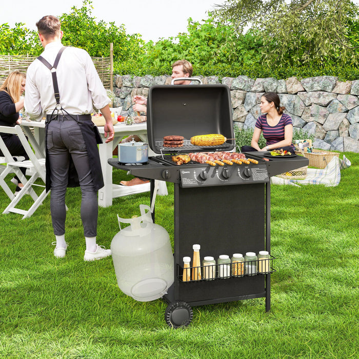 Outsunny 3+1 Burner Propane Gas BBQ Grill with Thermometer, Portable Gas Barbecue Grill, Side Burner, Lid, Side Table, Shelf, Spice Rack, Wheels, Grease Cup for Garden, Black