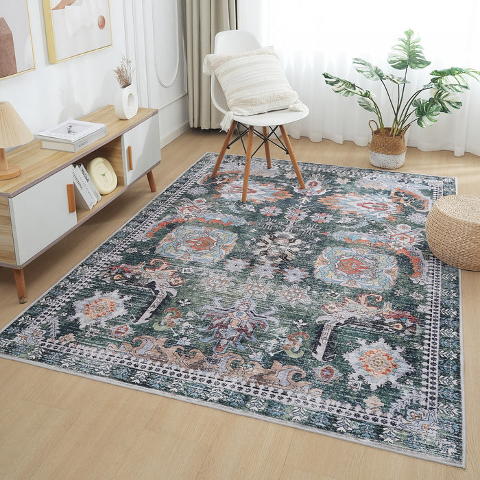 Aqua Green Flames Washable Non-slip Low Pile Area Rug 5'x7'