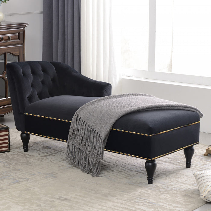 Serena Velvet Chaise Lounge with Button Tufting and Nailhead Trim, Black