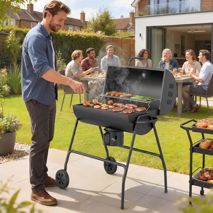 Outsunny Barrel Charcoal BBQ Smoker with 420 sq.in. Cooking Area, Outdoor Barbecue with Wheels, Ash Catcher and Built-in Thermometer for Patio Picnic, Backyard Party, Black
