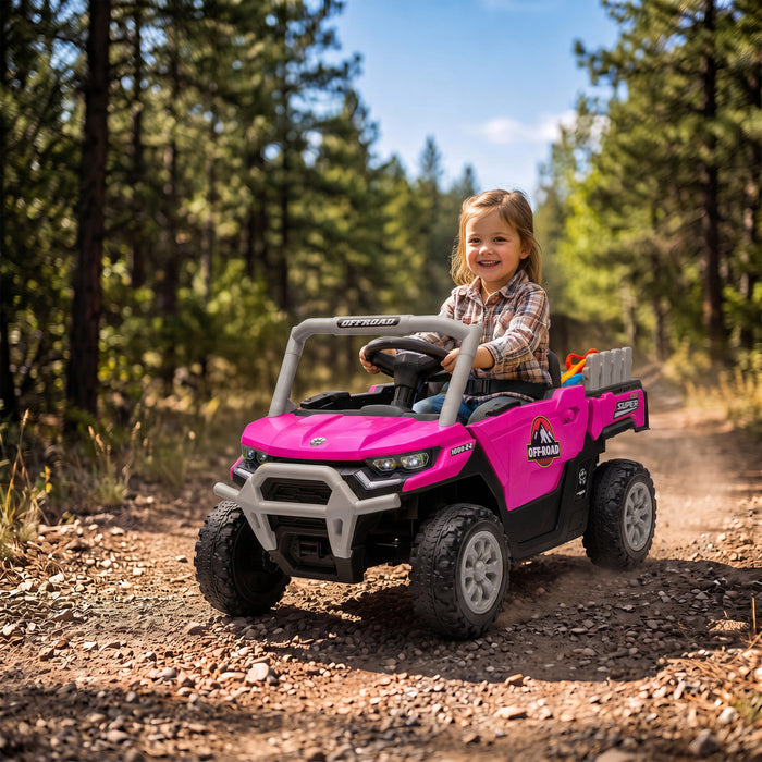 Qaba Kids Ride On Tractor, 12V Electric Tractor with Remote Control, Dual Motors, Music, Lights, Cargo Bed, Rear Suspension, Ride On Car for Kids Ages 3-6 Years, Pink