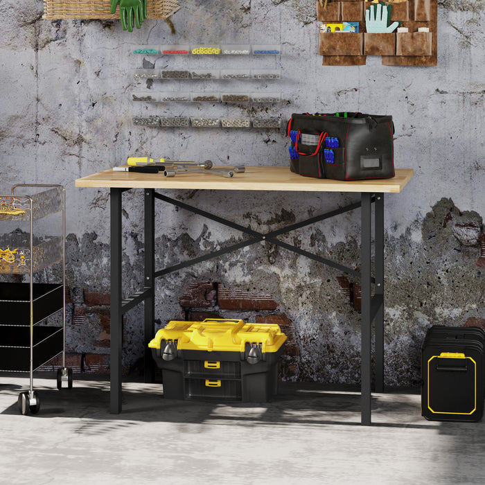 Homcom 46\" Work Bench Table Oak Wood Top, Heavy-duty Steel Work Table