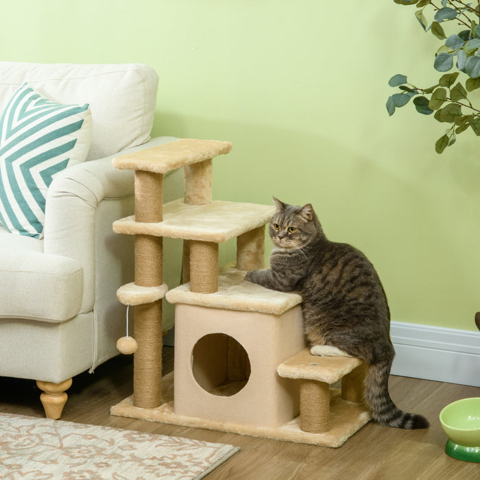 Pawhut Adjustable Height Cat Stairs With Jute Scratching Posts, Cat House For Cozy Rest, Pet Steps For Couch Sofa And High Bed With Hanging Ball, Front Hole, Platform, Beige