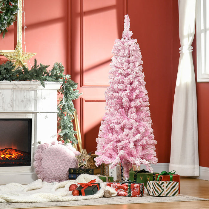 Homcom Snow Flocked Pencil Artificial Christmas Tree With Steel Base Pink