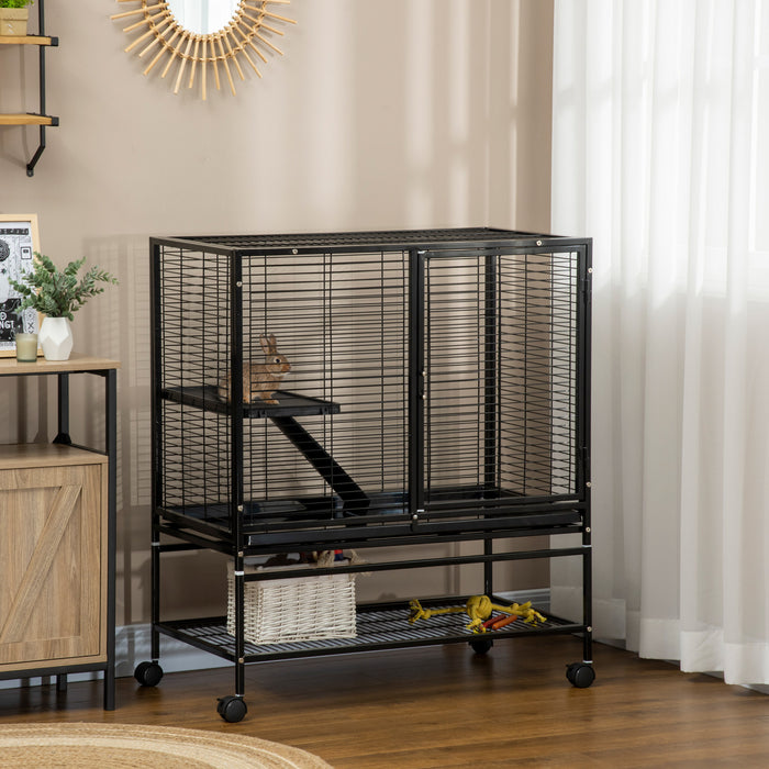 Pawhut Small Animal Cage With Wheels, 2-tier Pet Playpen For Ferrets, Chinchillas, Guinea Pigs, Kittens, With Bottom Storage Shelf, Removable Tray, Ramp, 36\" X 20\" X 42\"