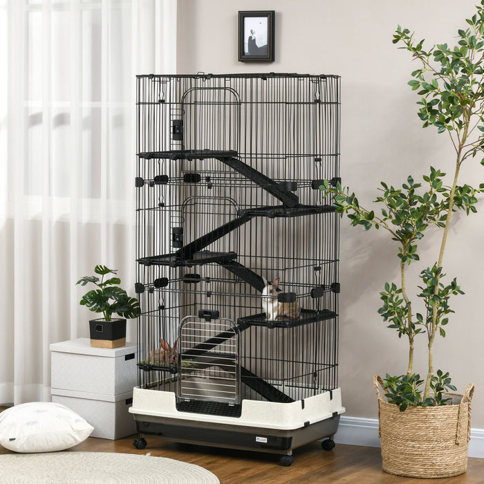 Pawhut 32\"l 6-level Small Animal Cage Rabbit Hutch With Universal Lockable Wheels, Slide-out Tray For Bunny, Chinchillas, Ferret, Black