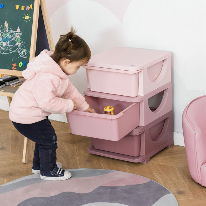 Qaba Kids Toy Storage Organizer With 3 Plastic Bins, 3 Tier Drawer Chest Utility For Kids Bedroom Nursery Kindergarten Living Room For Boys Girls Toddlers, Pink