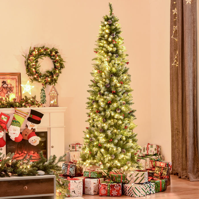 Homcom 7.5' Prelit Flocked Artificial Xmas Tree W/ Pine Cones, Berries