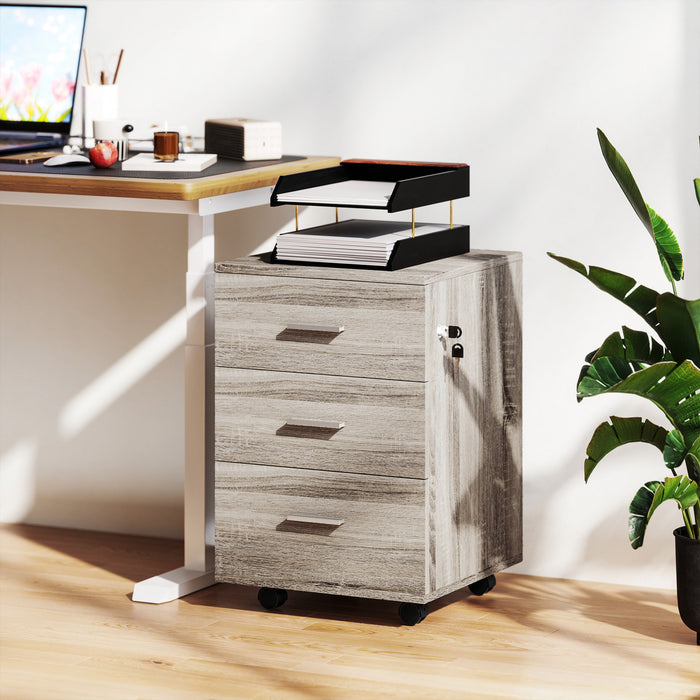 Vinsetto 3 Drawer File Cabinet with Lock and Wheels, Grey Wood Grain