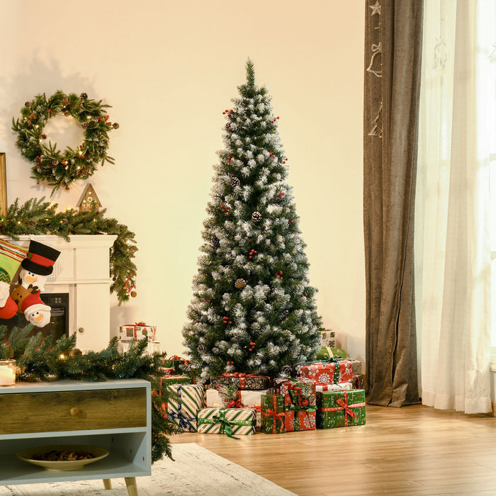 Homcom Flocked Pencil Christmas Tree With Red Berries, Pine Cones, Green