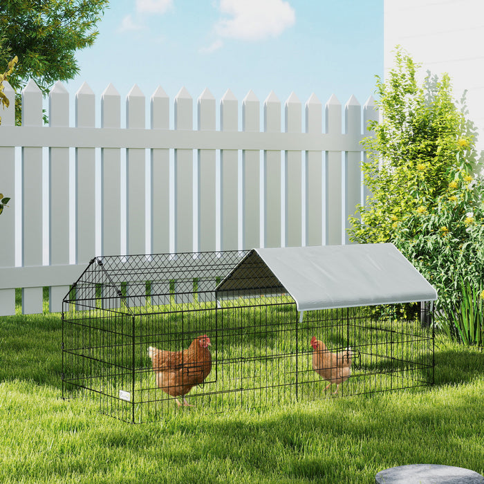 PawHut 73\"L Small Animals Pet Playpen Catio Cage with Doors for Rabbits, Guinea Pig, Chicken, Chinchillas, Cat, Quail, Duck, Outdoor Indoor Use with Spire Roof, Silver