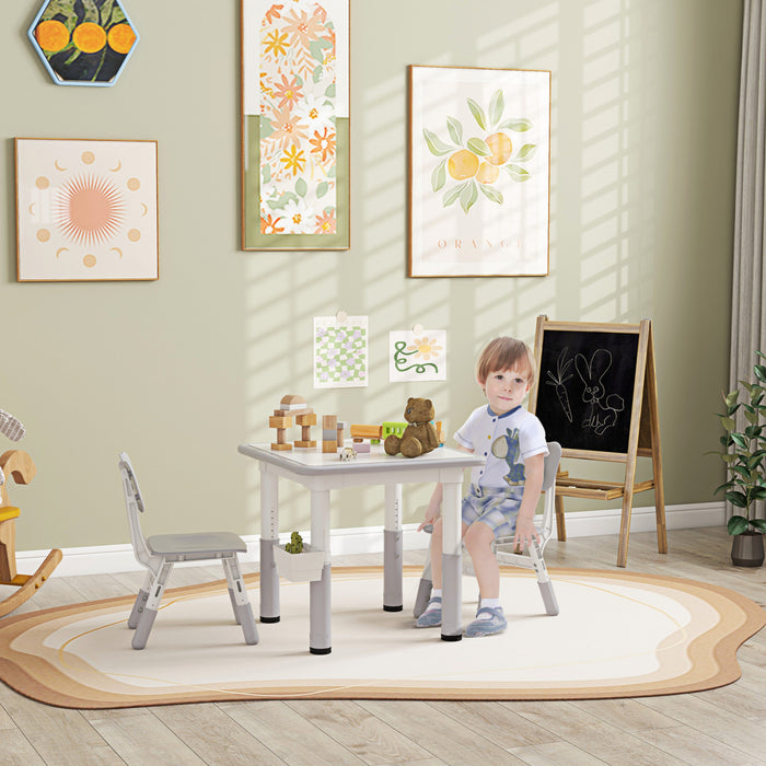 Qaba 3 Pieces Kids Table And Chair Set, Height Adjustable Toddler Table And Chair Set, Activity Table And Chair Set With Storage, For Playroom, Nursery, Classroom, Grey