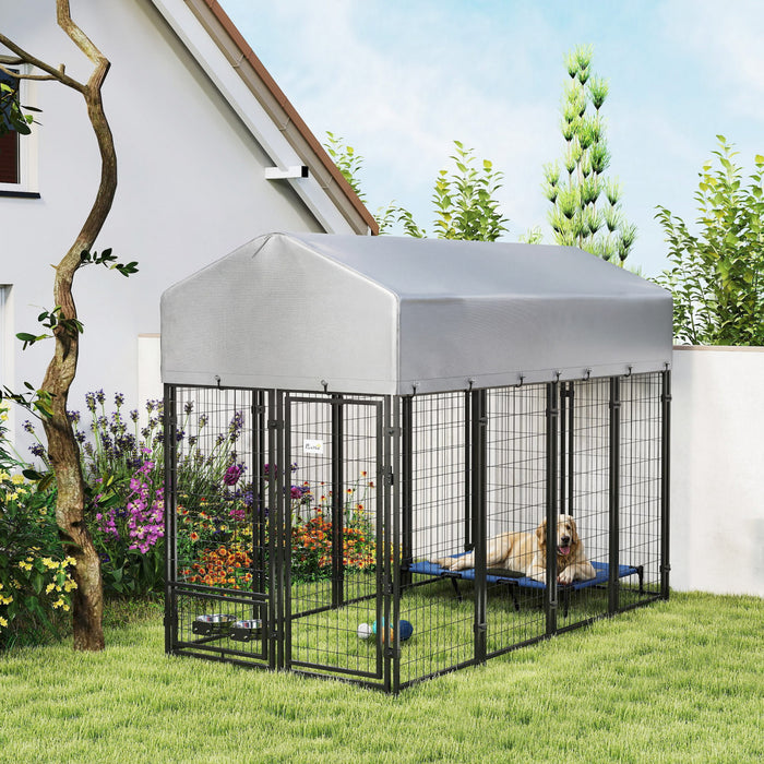 PawHut Outdoor Dog Kennel, Run, Large Wire Steel Fence, Lockable Pet Playpen Enclosure, with Water-, UV-Resistant Canopy Top, Door, Rotating Bowl Holders, 8ft x 4ft x 6ft, Silver