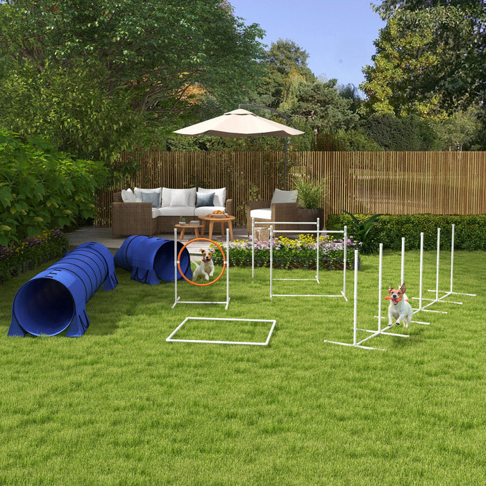 PawHut 7Pcs Dog Agility Training Equipment 11.5KG Net Weight, Obstacle Starter Kit with 2 Tunnels, Adjustable Jump Ring, 2 Jumpers, Weave Poles, Pause Box, Carrying Bag, Whistle