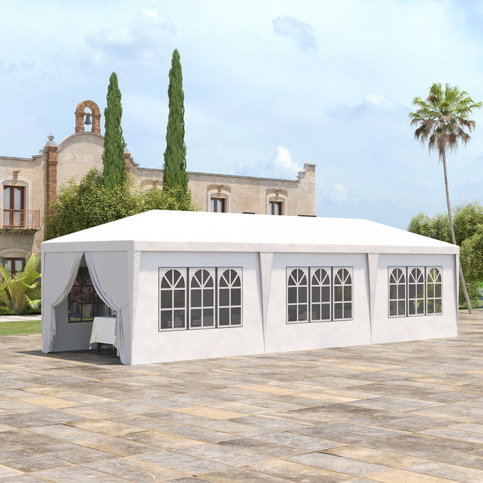 Outsunny 10' X 28' Party Gazebo Tent, Portable Folding Wedding Tent, Garden Canopy Event Shelter, Outdoor Sunshade With 8 Removable Sidewalls, White