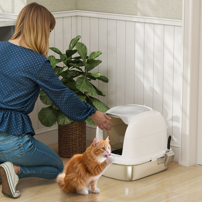 Pawhut Large Stainless Steel Litter Box With Lid, Large Enclosed Cat Litter Box For Cats With Flip Cover, High Sided, Scoop, Odor Free, Easy Cleaning, Anti-urine Leakage