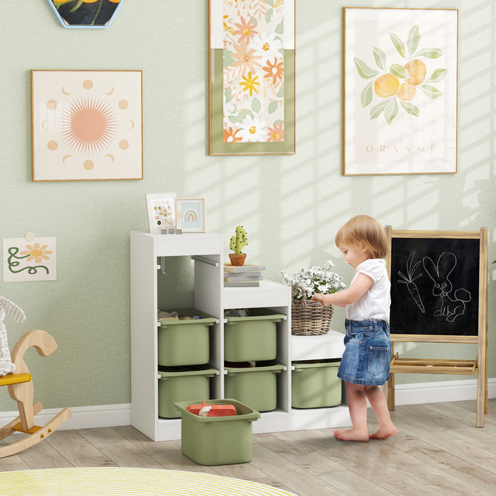 Qaba Toy Storage Organizer with 6 Plastic Bins, 3 Layers Children Toy Storage with Anti-tipping Design, for Ages 3–8 Years, Study Room, Playroom, Green