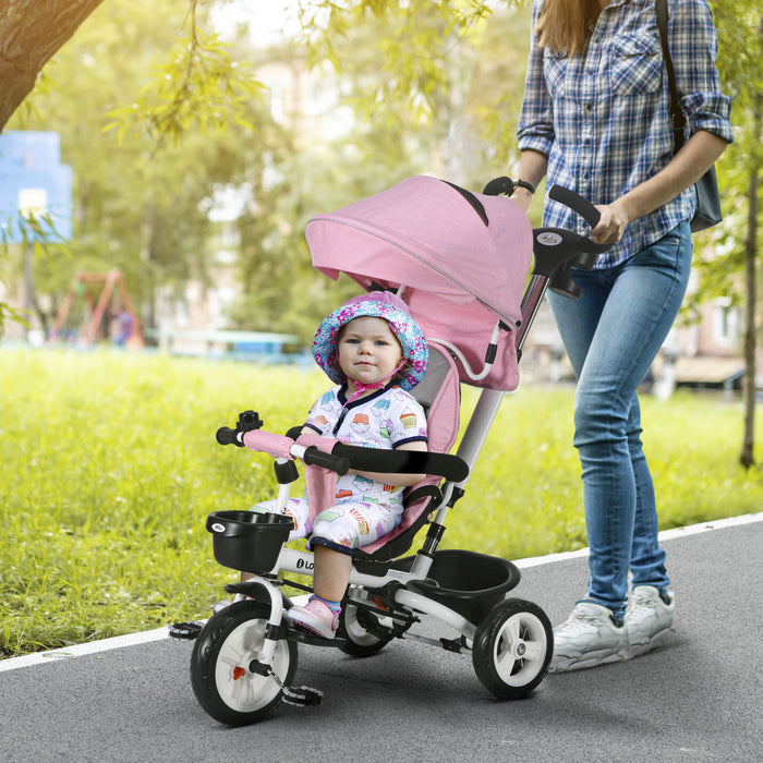 Qaba Toddler Tricycle, 6 In 1 Stroller Bike With Parent Push Handle, Canopy, Storage Baskets, Cupholder, Safety Guardrail And 5-point Safety Belt, For 12-60 Months, Pink