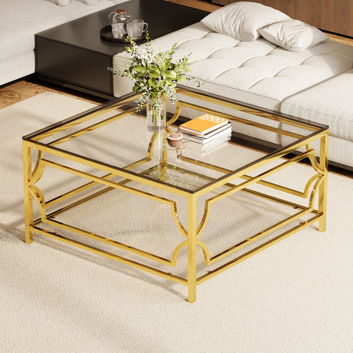 Gleam 33.5 Inch Square Tempered Glass Coffee Table with Geometric Gold Frame and Lower Shelf, Transparent