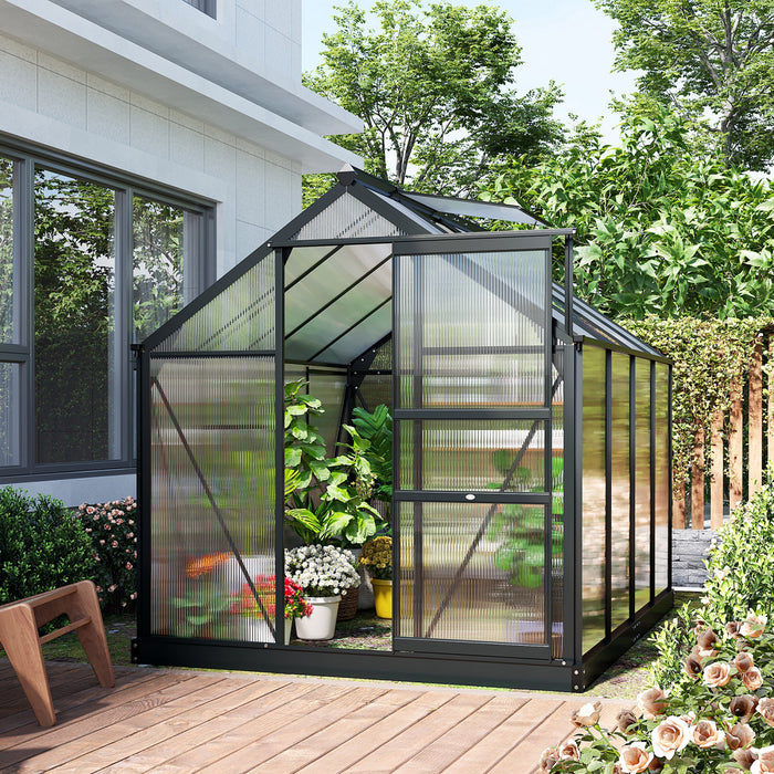 Outsunny 6' X 8' Clear Polycarbonate Greenhouse Walk-in Green House Garden Plants Grow Galvanized Base Aluminum Frame With Rain Gutter, Vent And Sliding Door, Grey
