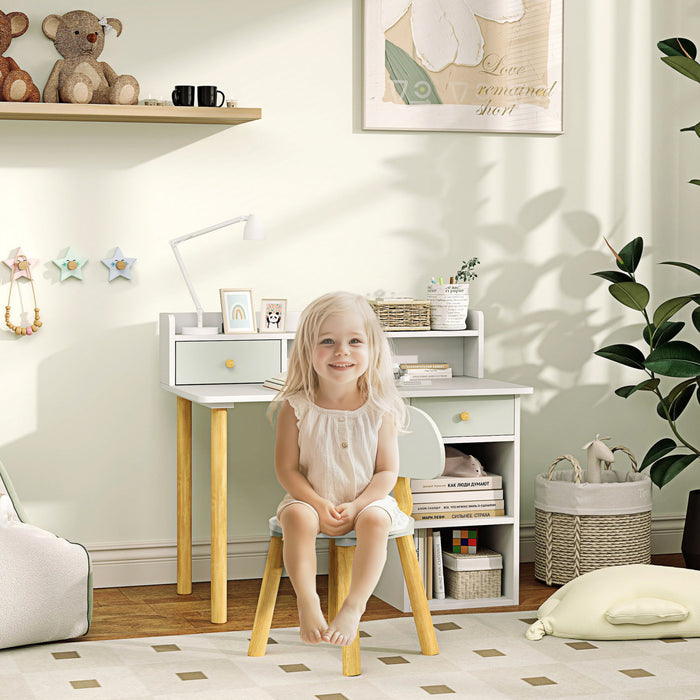 Qaba Kids Desk And Chair Set, 2 Pieces Kids Study Table And Chair Set For 3-8 Year Old, Writing Table For Bedroom, Study Room, With Storage And Shelves, Green