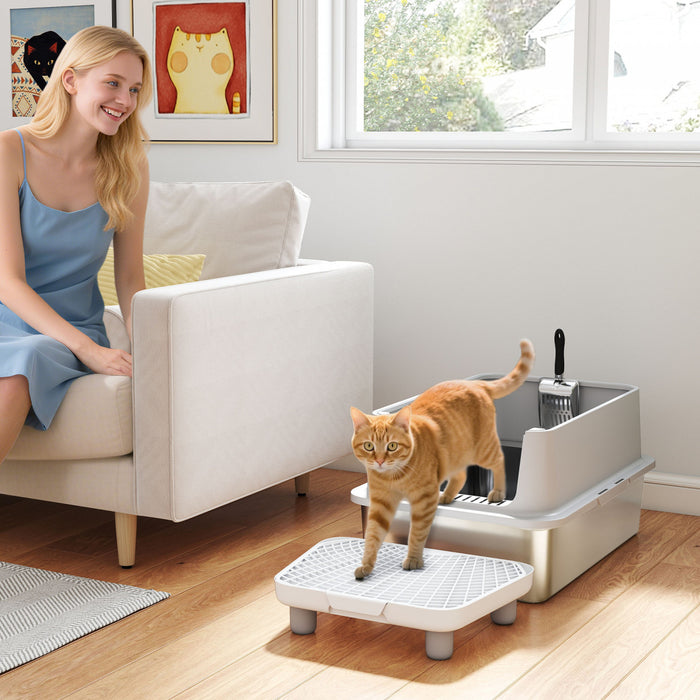 PawHut Stainless Steel Cat Litter Box, XL Kitty Litter Box for Big and Multiple Cats with High Wall Side, Scoop, Step, Anti-Leakage, Easy Cleaning & Odour Free, Grey