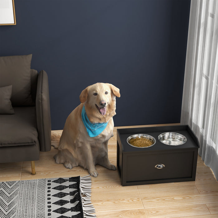 Pawhut Elevated Dog Bowls For Large Dogs, Raised Pet Feeding Station With 2 Stainless Steel Bowls, Hidden Storage Drawer, Wood Stand For Cats, Black