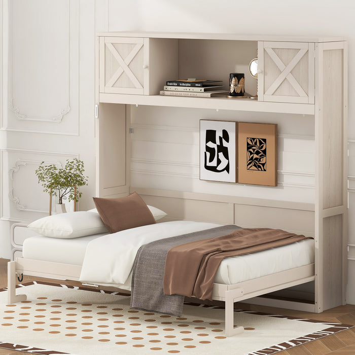 Ethan Solid Wood Murphy Bed with Storage Cabinets,Full Size,Beige Full Bed