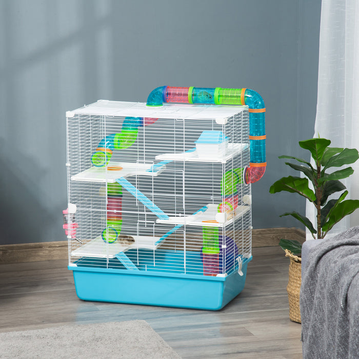 Pawhut 23\" Large Hamster Cage, Small Animal House, 5-level Gerbil Haven, Tunnel Tube System, With Water Bottle, Exercise Wheel, Food Dish, Ramps, 2 Doors, Light Blue