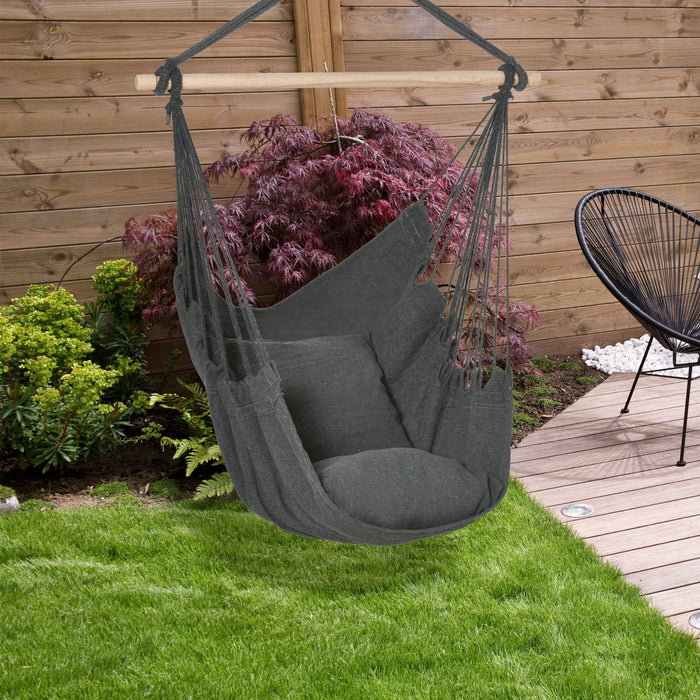 Outsunny Hammock Chair Swing Hanging Macrame Chair Cotton W/ Two Soft Seat Cushions, For Bedroom Indoor Outdoor Ideal Gift For Kids Lover Birthday Present, Dark Grey