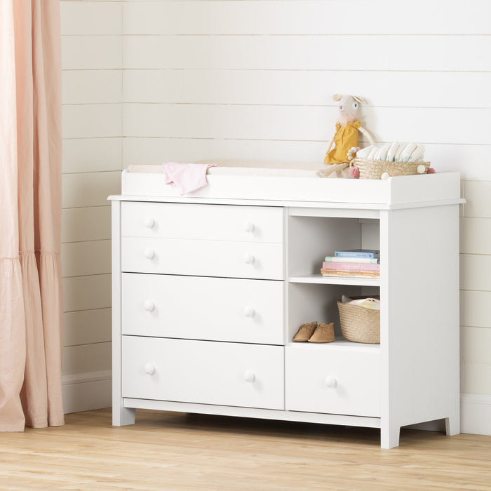 Little Smileys Changing Table With Removable Rim, Drawers, And Open Storage - Pure White