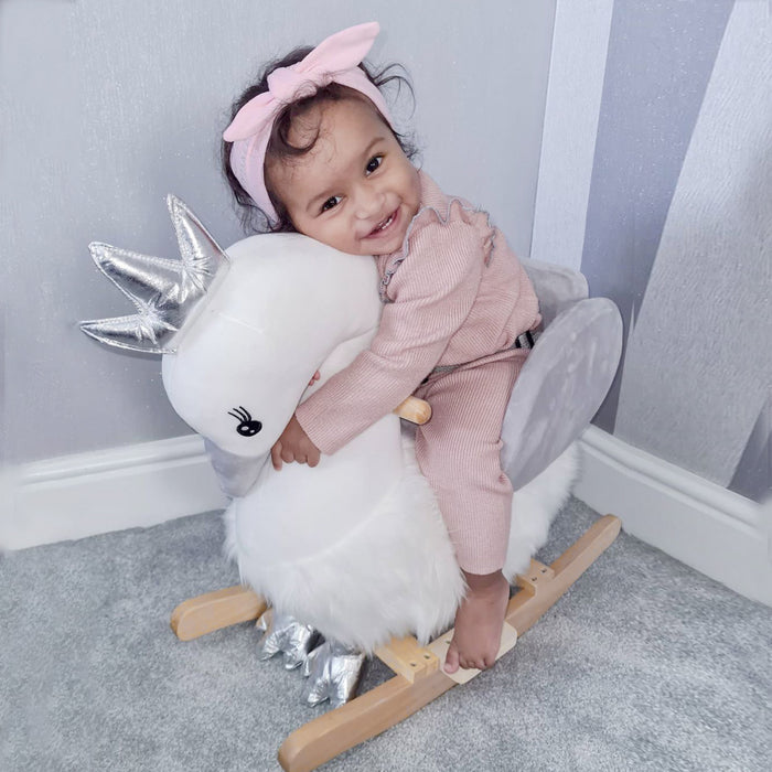 Qaba Kids Wooden Rocking Horse Swan Baby Rocking Chair Plush Ride On Swan With Sounds, Wooden Base For Babies 18-36 Months, White And Grey