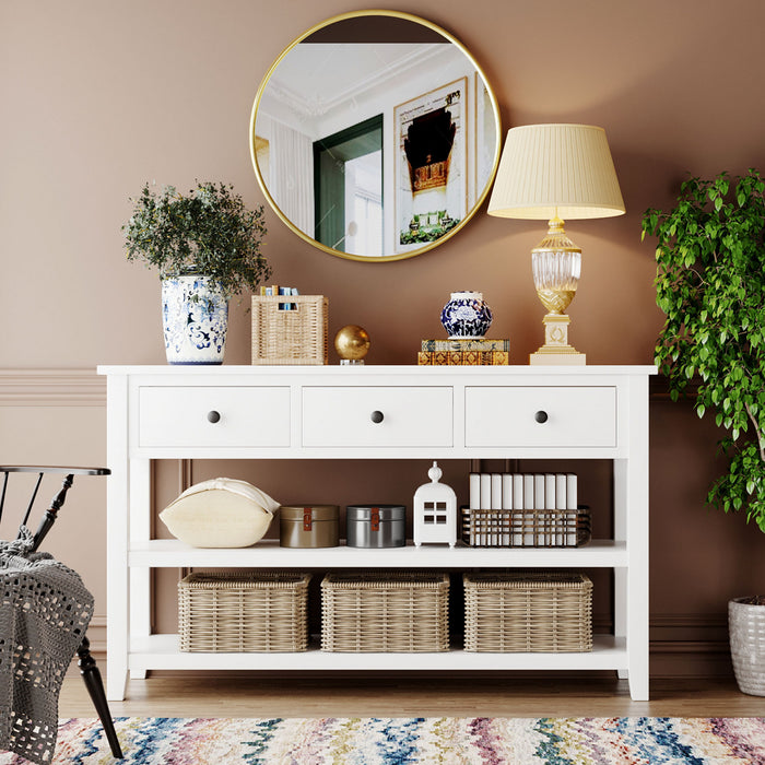 Wendy Solid Wood Console Table With 3 Drawers And 2 Open Shelves,antique White Accent Cabinet