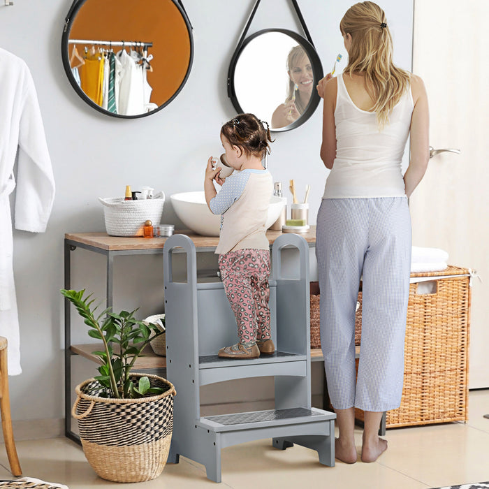 Qaba 2 Step Stool Kids Kitchen Helper With Support Handles And Non-slip Pad For Kitchen, Living Room And Bathroom, Grey