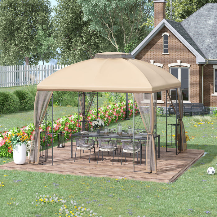 Outsunny 10' X 10' Outdoor Gazebo Canopy With Display Corner Shelves, Double Tier Roof, Removable Mesh Curtains - Beige