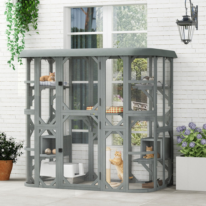 PawHut Catio Outdoor Cat Enclosure, 71\"H Wooden Cat House with 5 Jumping Platforms, 2 Condos and Waterproof Cover, Walk-in Kitty Cage for 2–3 Kittens, Grey